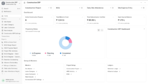 ERPNext unified construction workspace dashboard with masters, transactions, and reports