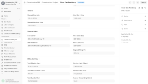 ERPNext dashboard showing live construction project profit margin